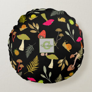 Personalized Black Mushroom Botanical Round Pillow