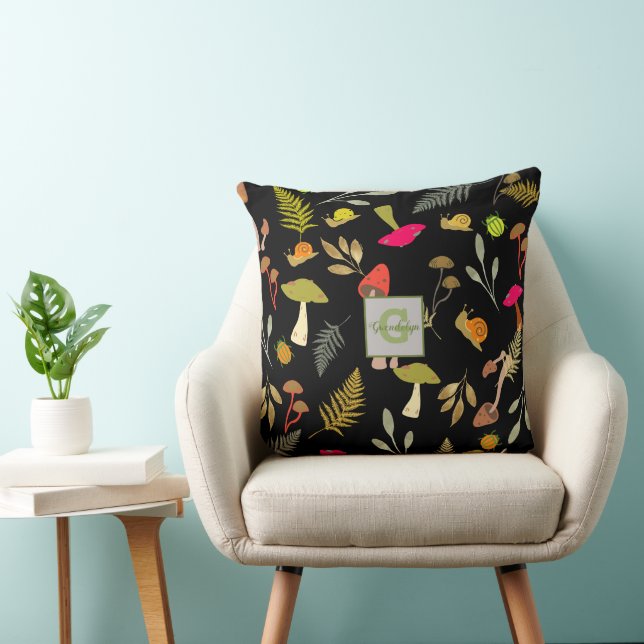 Personalized Black Mushroom Botanical Throw Pillow (Chair)