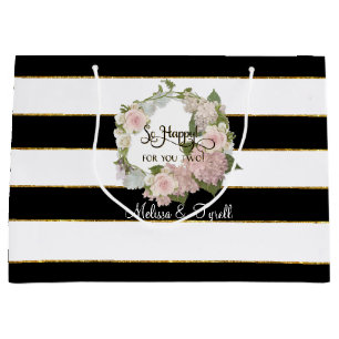 Personalized Black n White Striped Rose Hydrangeas Large Gift Bag