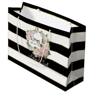 Personalized Black n White Striped Rose Hydrangeas Large Gift Bag