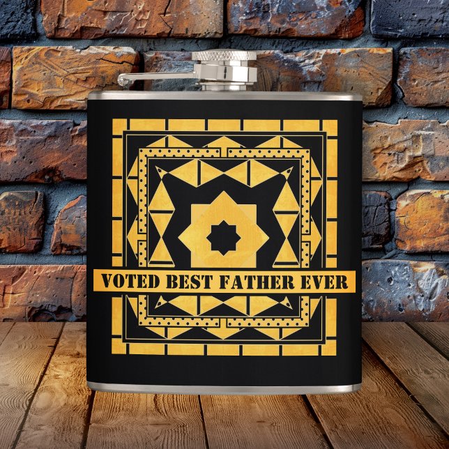Personalized Black Ochre Father's Day Flask (Modern design flask with a black and ocher geometric pattern - Father's Day or his birthday)