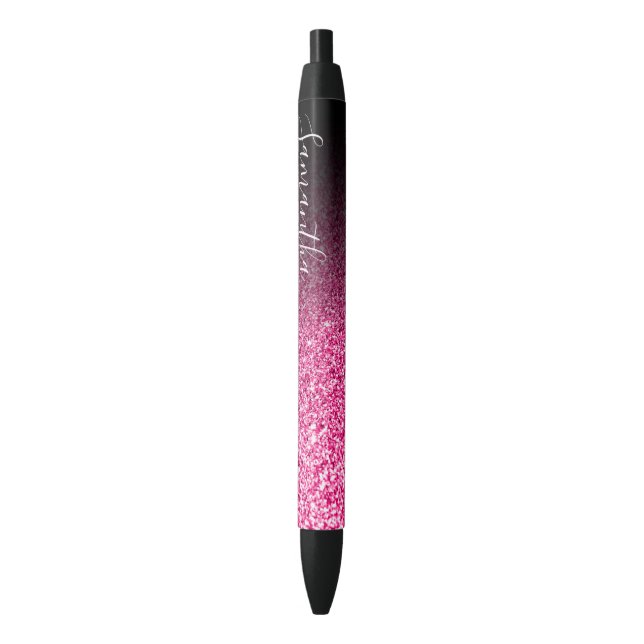 Personalized Black Ombre Faux Hot Pink Glitter Black Ink Pen (Front Vertical)