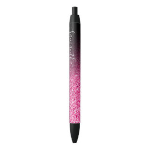 Personalized Black Ombre Faux Hot Pink Glitter Ink Pen