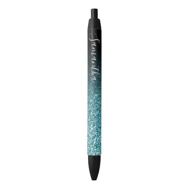 Personalized Black Ombre Faux Teal Glitter Ink Pen (Front Vertical)