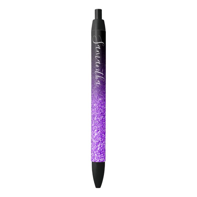 Personalized Black Ombre Faux Violet Glitter Black Ink Pen (Front Vertical)