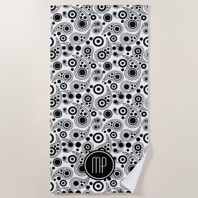 Personalized Black on White  paisley style pattern Beach Towel (Front)