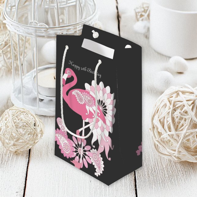 Personalized Black Paisley Pink Flamingo Birthday Small Gift Bag (Creator Uploaded)