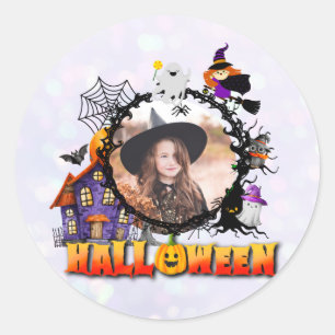 Personalized Black Photo Frame Halloween Night Classic Round Sticker