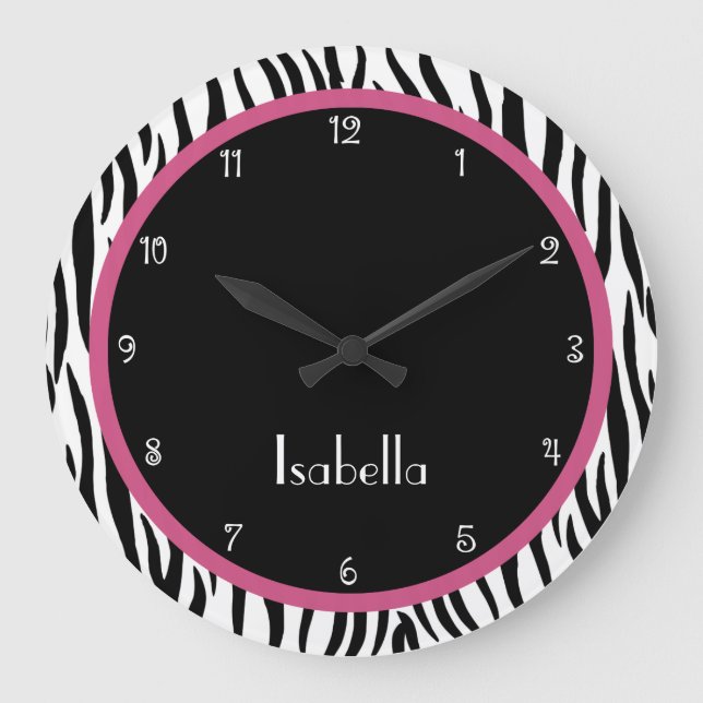 Personalized Black, Pink and Zebra Print Clock (Front)