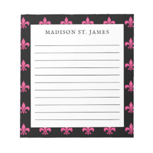 Personalized Black Pink Fleur De Lis Pattern Lined Notepad