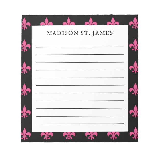 Personalized Black Pink Fleur De Lis Pattern Lined Notepad (Front)