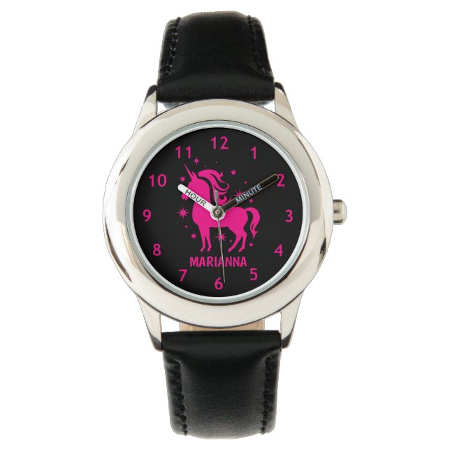 Personalized Black & Pink Girls Unicorn Wrist  Watch (Front)