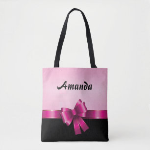 Personalized Black PINK GRADIENT Stripes PINK BOW Tote Bag