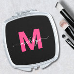 Personalized Black Pink Monogram Initial Name Compact Mirror<br><div class="desc">Personalized Create Your Own Black Pink Initial Name Monogram Compact Mirror. Add a fun and girly touch to your daily routine with this chic compact mirror. Featuring a bold magenta hot pink initial and a flowing black script name, this mirror brings a personalized and stylish flair to your accessories. Perfect...</div>