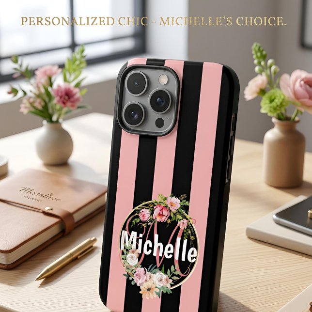 Personalized Black Pink Striped Floral Custom Name Case-Mate iPhone Case (Creator Uploaded)