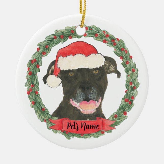 Personalized Black Pitbull Staffy Ceramic Ornament (Front)
