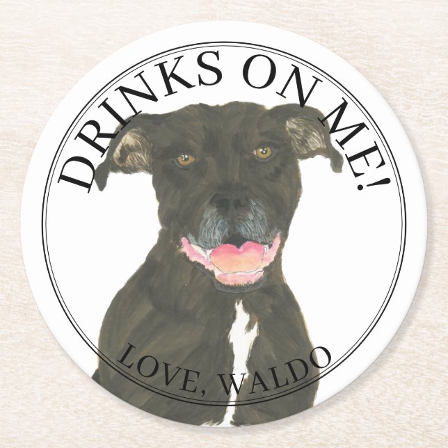 Personalized Black Pitbull Staffy Dog Wedding Round Paper Coaster (Front)