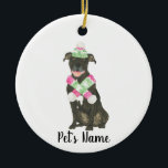 Personalized Black Pitbull Staffy Pink Green Hat Ceramic Ornament<br><div class="desc">Make the nice list this year with an ornament of your favourite pitbull elf! For the sweetest gifts, pair it with a matching art print or another item from my collection for a thoughtful housewarming, bridal shower, teacher, mother-in-law, husband, boyfriend, secret santa, sympathy, or tough-to-shop-for gift! To see more work...</div>