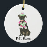 Personalized Black Pitbull Staffy Pink Green Hat Ceramic Ornament<br><div class="desc">Make the nice list this year with an ornament of your favourite pitbull elf! For the sweetest gifts, pair it with a matching art print or another item from my collection for a thoughtful housewarming, bridal shower, teacher, mother-in-law, husband, boyfriend, secret santa, sympathy, or tough-to-shop-for gift! To see more work...</div>