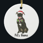 Personalized Black Pitbull Staffy Santa Hat Bowtie Ceramic Ornament<br><div class="desc">Make the nice list this year with an ornament of your favourite pitbull elf! For the sweetest gifts, pair it with a matching art print or another item from my collection for a thoughtful housewarming, bridal shower, teacher, mother-in-law, husband, boyfriend, secret santa, sympathy, or tough-to-shop-for gift! To see more work...</div>