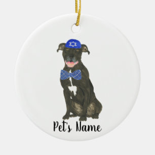 Personalized Black Pitbull Staffy Yarmulke Tie Ceramic Ornament