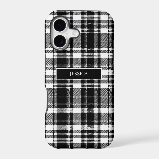 Personalized Black Plaid Pattern White Name Modern (Back)