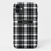 Personalized Black Plaid Pattern White Name Modern