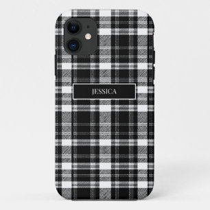 Personalized Black Plaid Pattern White Name Modern iPhone 11 Case