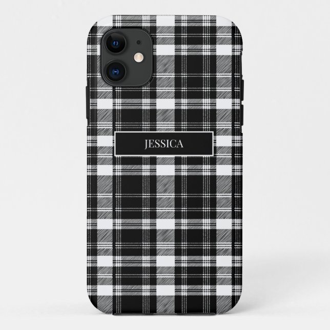 Personalized Black Plaid Pattern White Name Modern Case-Mate iPhone Case (Back)