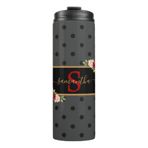 Personalized Black Polka Dot and Roses Monogrammed Thermal Tumbler