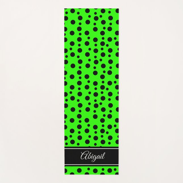 Personalized Black Polka Dot Lime Green Yoga Mat (Front)