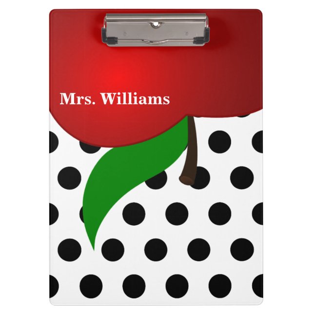 Personalized Black Polka Dot Red Apple Teacher Clipboard (Front)