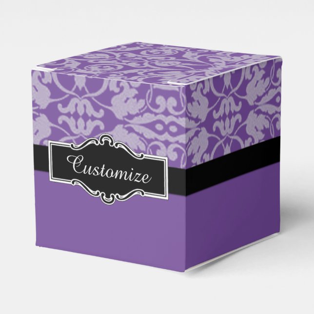 Personalized Black & Purple Damask Cube Favour Box (Front Side)