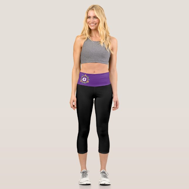 Personalized Black Purple Monogram Capri Leggings (Front)