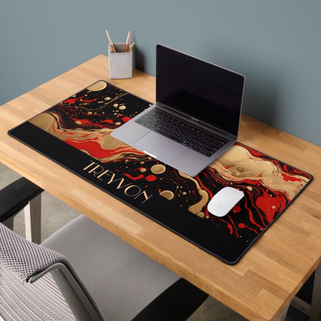 Personalized Black, Red, and Gold Pour Ink Desk Mat (Office 2)