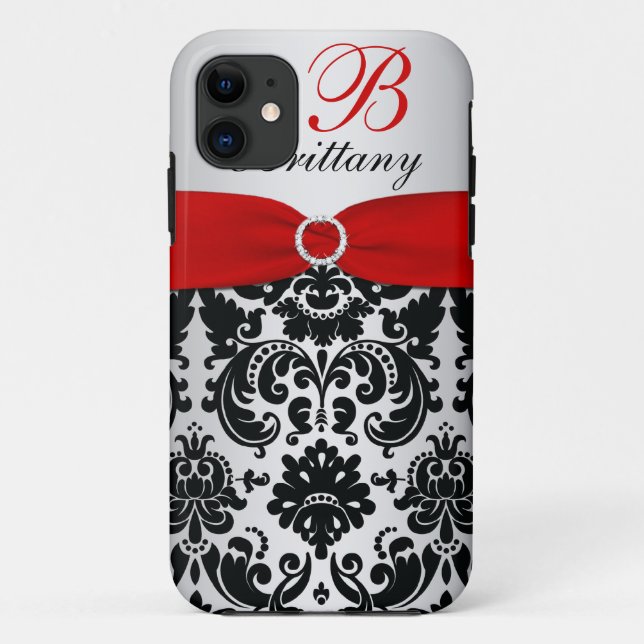 Personalized Black, Red, Silver Damask iPhone 5 Case-Mate iPhone Case (Back)