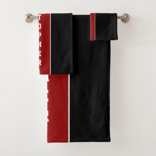 Personalized Black Red Stripe Bath Towel Set