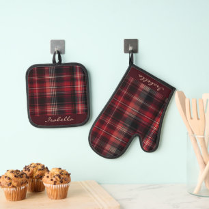 Personalized Black Red White Scottish Tartan  Oven Mitt & Pot Holder Set