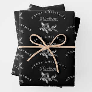Personalized Black Retro Merry ChristmasMonogram Wrapping Paper Sheet