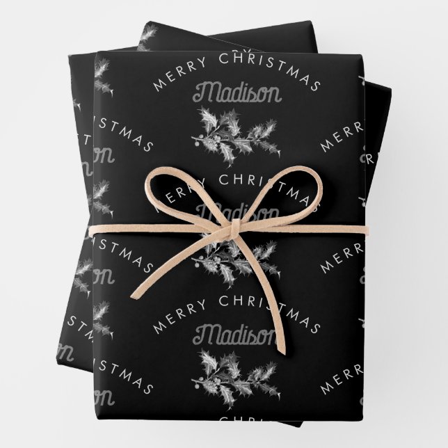 Personalized Black Retro Merry ChristmasMonogram Wrapping Paper Sheet (In situ)
