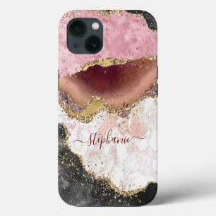 Personalized Black Rose Gold Marble Glitter Agate` iPhone 13 Case