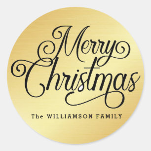 Personalized Black Script on Gold Merry Christmas Classic Round Sticker