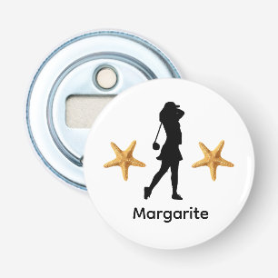 Personalized Black Silhouette Female Golfer Bottle Opener