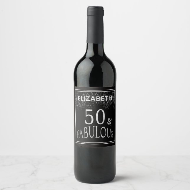 Personalized  Black Silver 50 and Fabulous 50th Wine Label (Front)