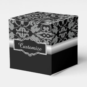 Personalized Black & Silver Damask Cube Favour Box