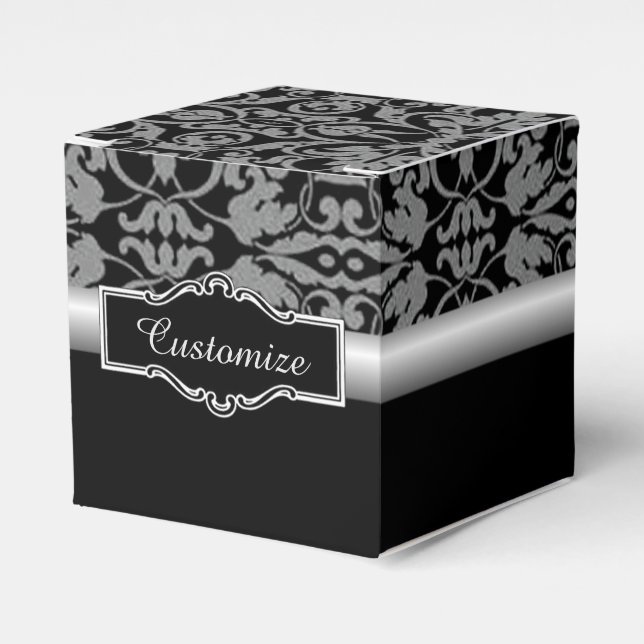 Personalized Black & Silver Damask Cube Favour Box (Front Side)