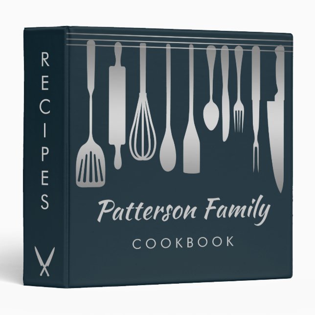 Personalized Black Silver Family Recipe Cookbook Binder (Front/Spine)