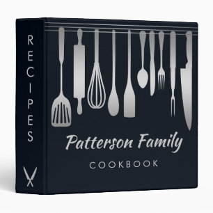 Personalized Black Silver Family Recipe Cookbook Binder