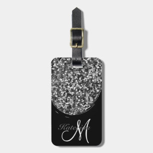 Personalized Black Silver Glitter Sparkle Name Luggage Tag