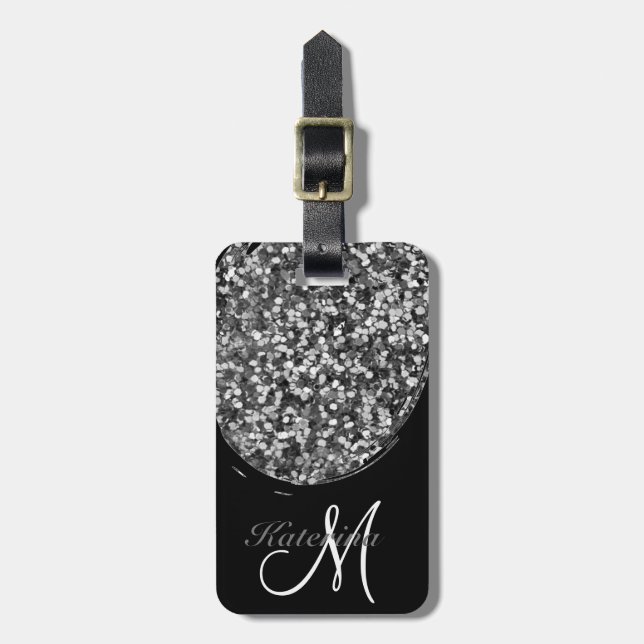 Personalized Black Silver Glitter Sparkle Name Luggage Tag (Front Vertical)